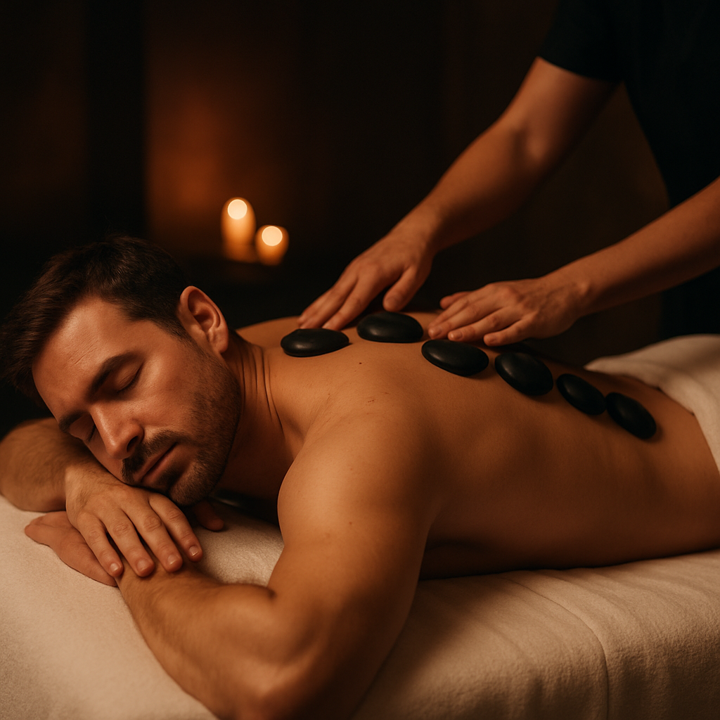 Hot stone therapy on a male guest